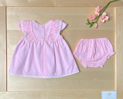 The Peony pink Swiss dot flutter sleeve dress back button closure and matching bloomers, view-Alfa Baby Boutique 