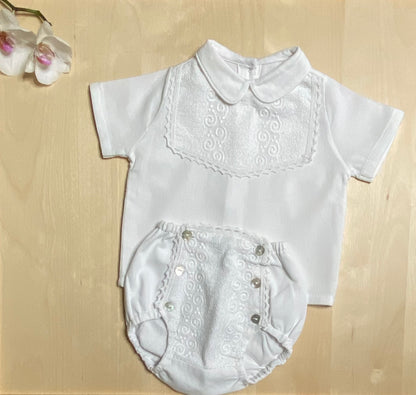 Baby Boy White Embroidered Cotton Top & Bubble Shorts Set — The Petit Laurent