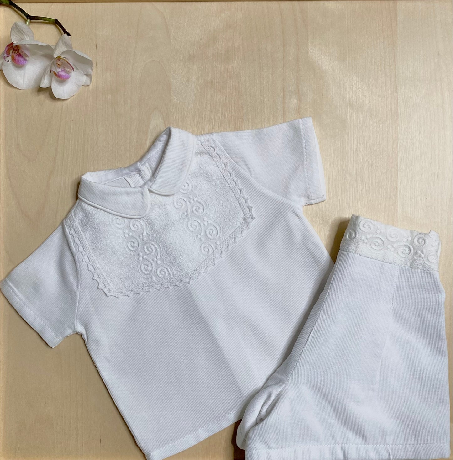 Baby Boy White Embroidered Cotton Shirt & Shorts Set — The Laurent