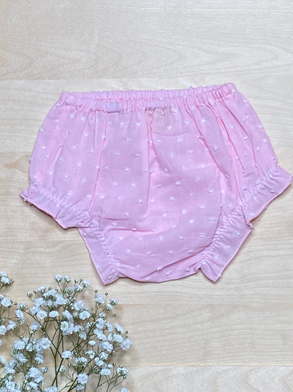 The Peony — Pink Swiss Dot Flutter Sleeve Dress & Bloomers Set