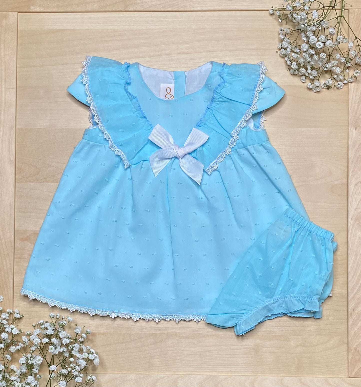 The Celeste — Blue Swiss Dot Flutter Sleeve Dress & Bloomers Set