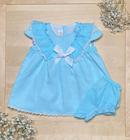 The Celeste — Blue Swiss Dot Flutter Sleeve Dress & Bloomers Set