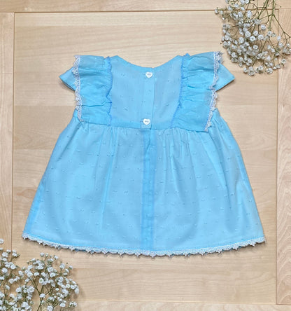 The Celeste — Blue Swiss Dot Flutter Sleeve Dress & Bloomers Set