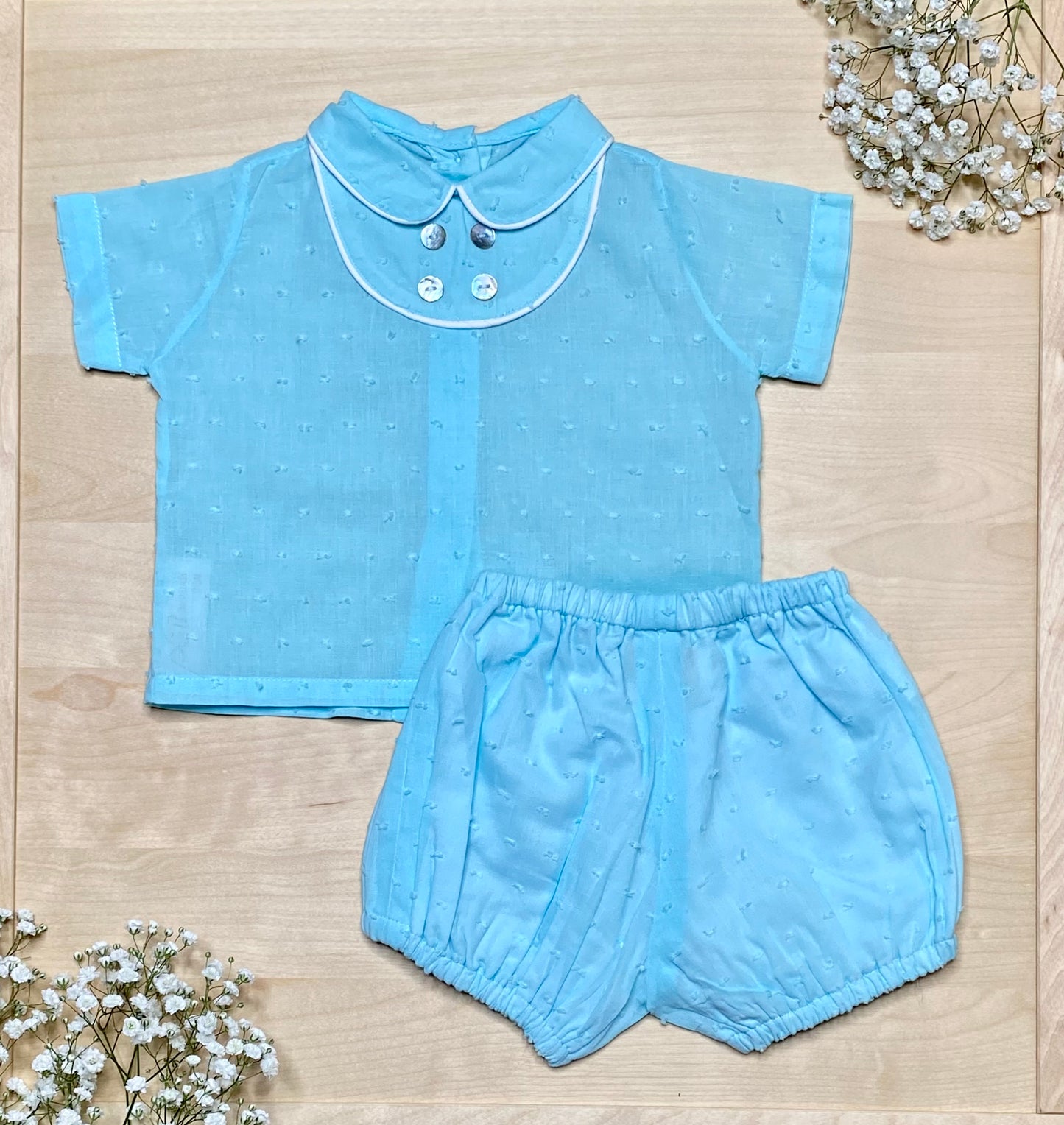 The Ciel — Baby Blue Plumeti Shirt & Bubble Shorts Set