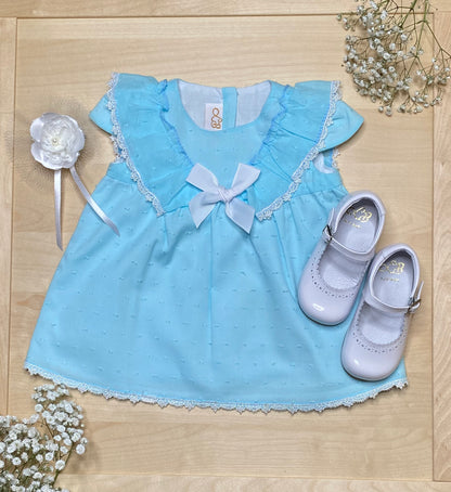 The Celeste — Blue Swiss Dot Flutter Sleeve Dress & Bloomers Set