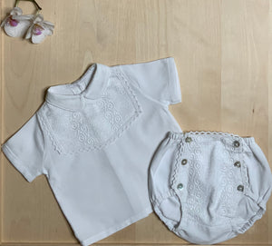 Infant Boy’s Set White Embroidered Cotton Top and Bottoms