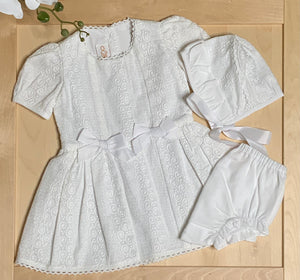 Girls- Embroidered White Cotton Puffed Sleeve Dress- Bonnet- Bloomers