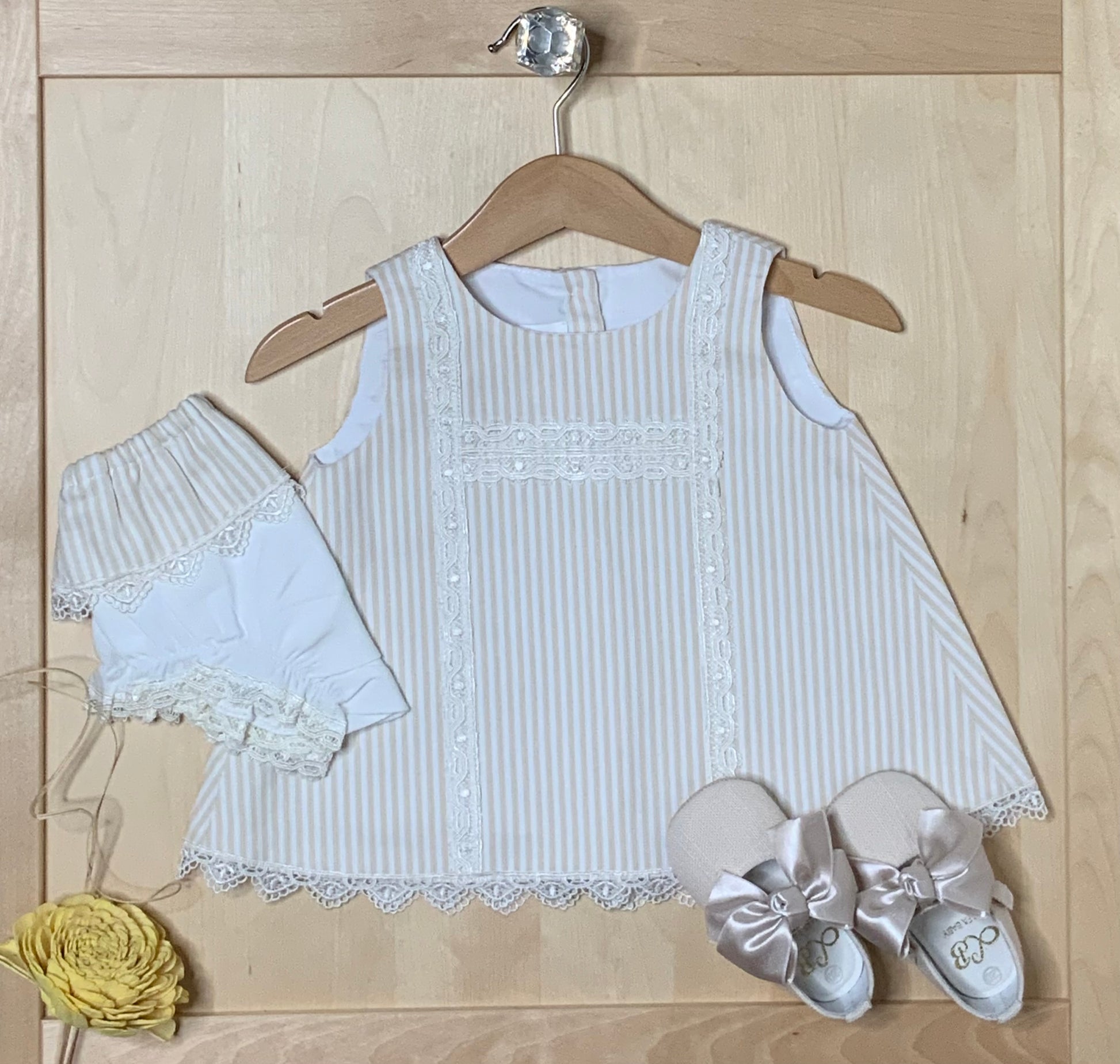 The Sweet Vanilla ivory striped A-line dress and matching bloomers styled with satin bow shoes — Alfa Baby Boutique