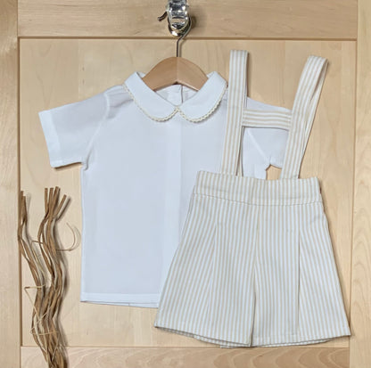Ivory-Vanilla Baby Boy, Toddler Suspender Shorts and  White Shirt