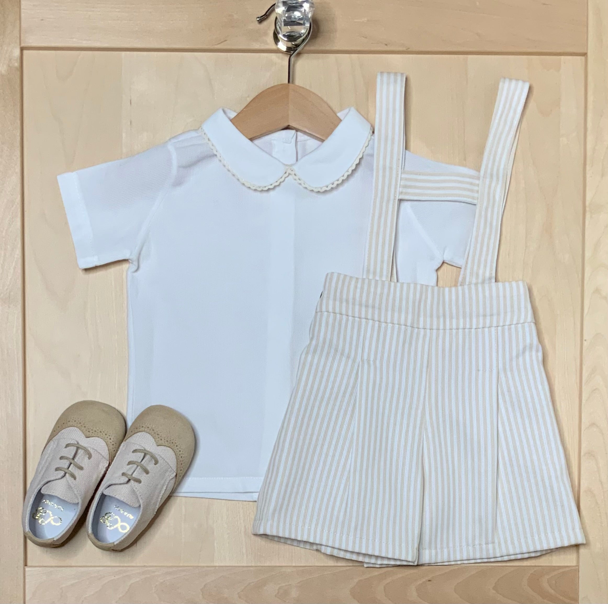 Ivory-Vanilla Baby Boy, Toddler Suspender Shorts and  White Shirt-Shoes Complete the Look