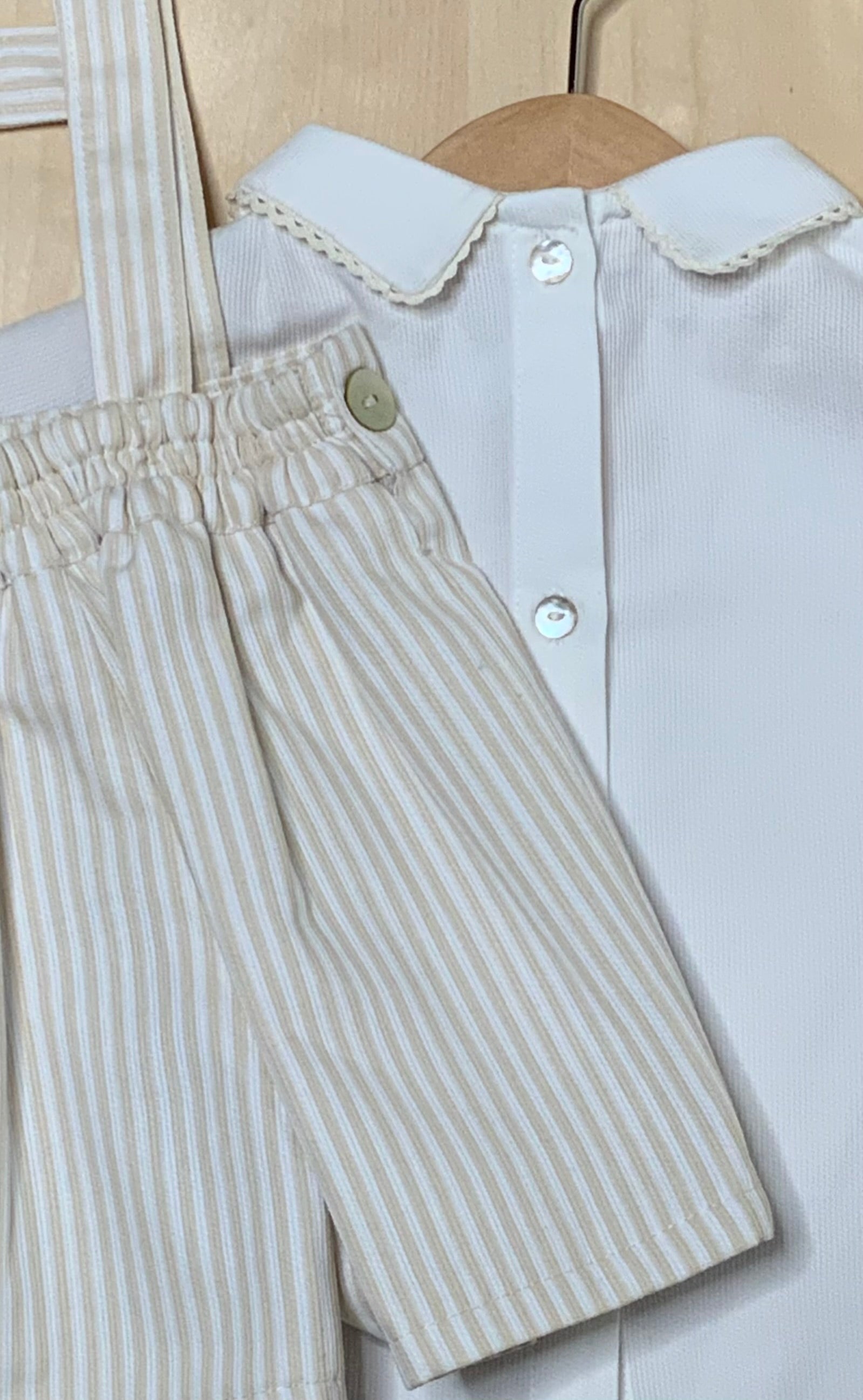 Ivory-Vanilla Baby Boy, Toddler Suspender Shorts and  White Shirt-Close up