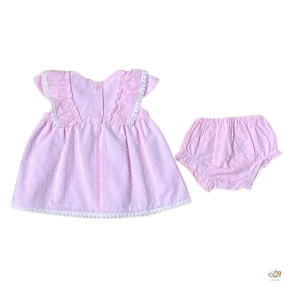 The Peony — Pink Swiss Dot Flutter Sleeve Dress & Bloomers Set