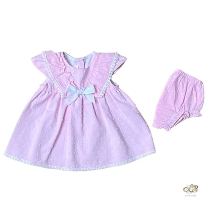 The Peony — Pink Swiss Dot Flutter Sleeve Dress & Bloomers Set