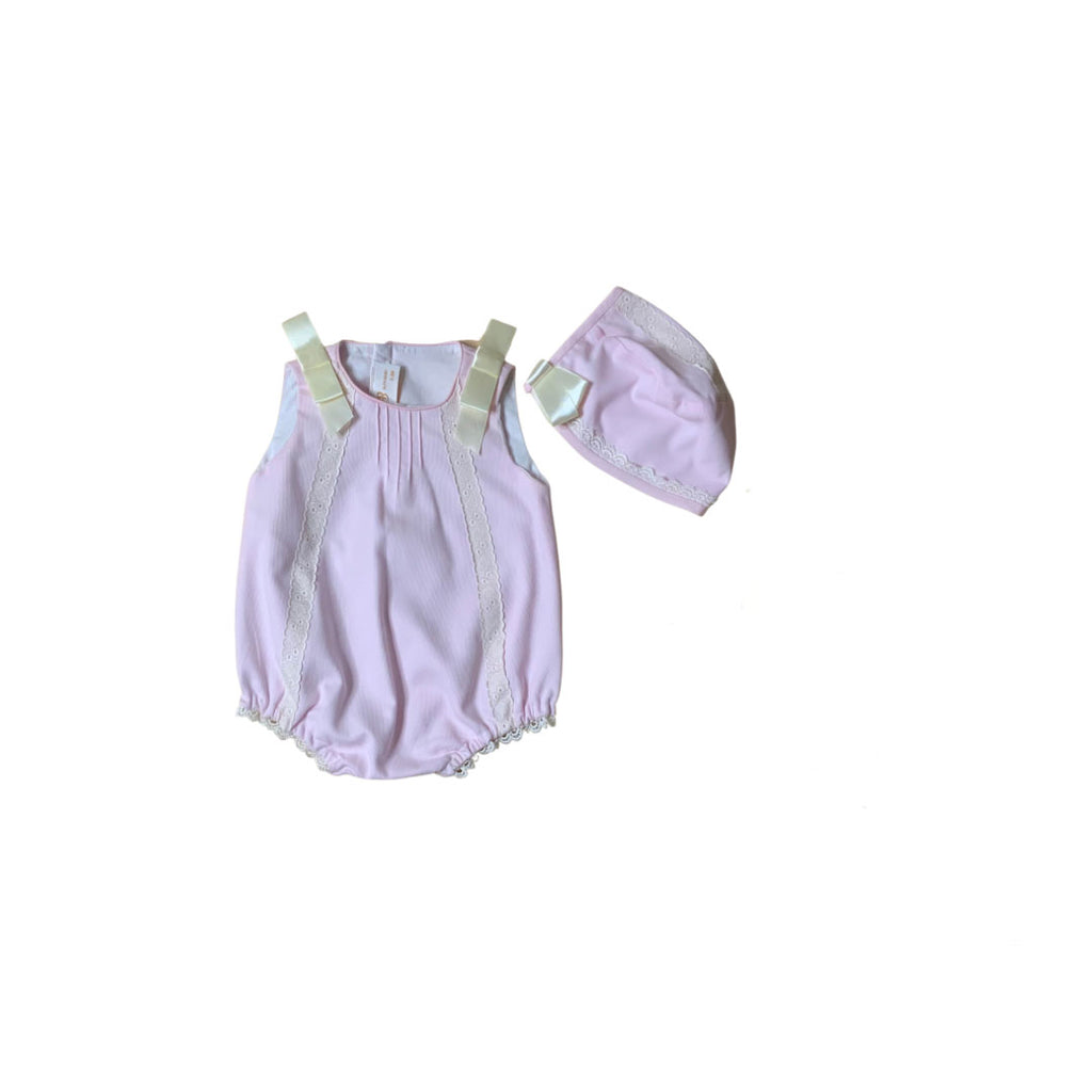 Newborn & Baby Girl Pink Pique Bubble Romper and Bonnet Set