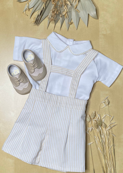 The Sweet Vanilla — White Piqué Top & Ivory Striped Suspender Shorts Set