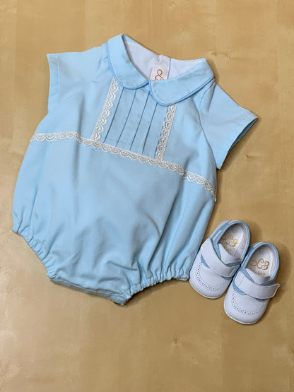 The Bluebell — Baby Blue Pique Pintuck Bubble Romper