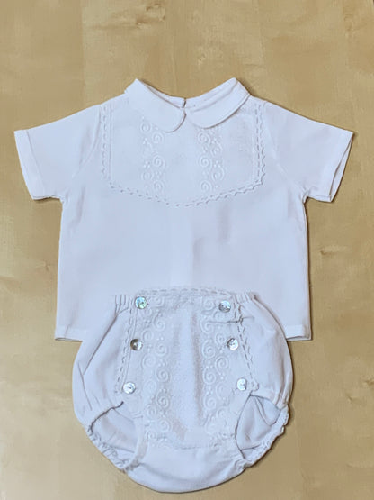 Baby Boy White Embroidered Cotton Top & Bubble Shorts Set — The Petit Laurent