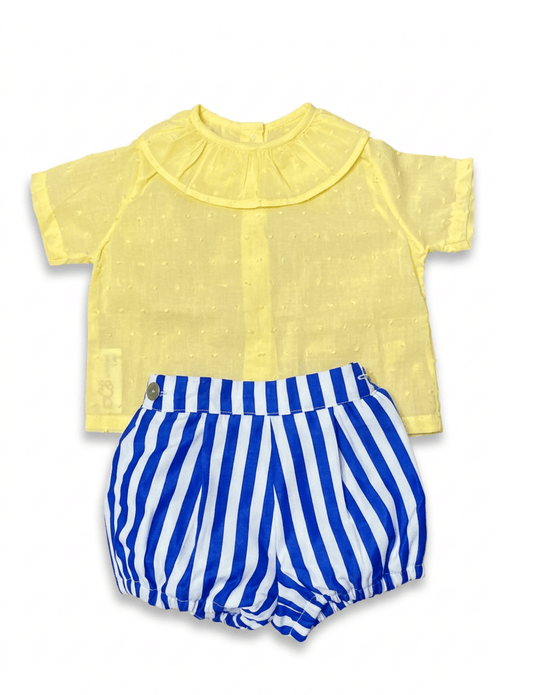 The Finch — Yellow Plumeti Top & Blue Stripe Shorts Set