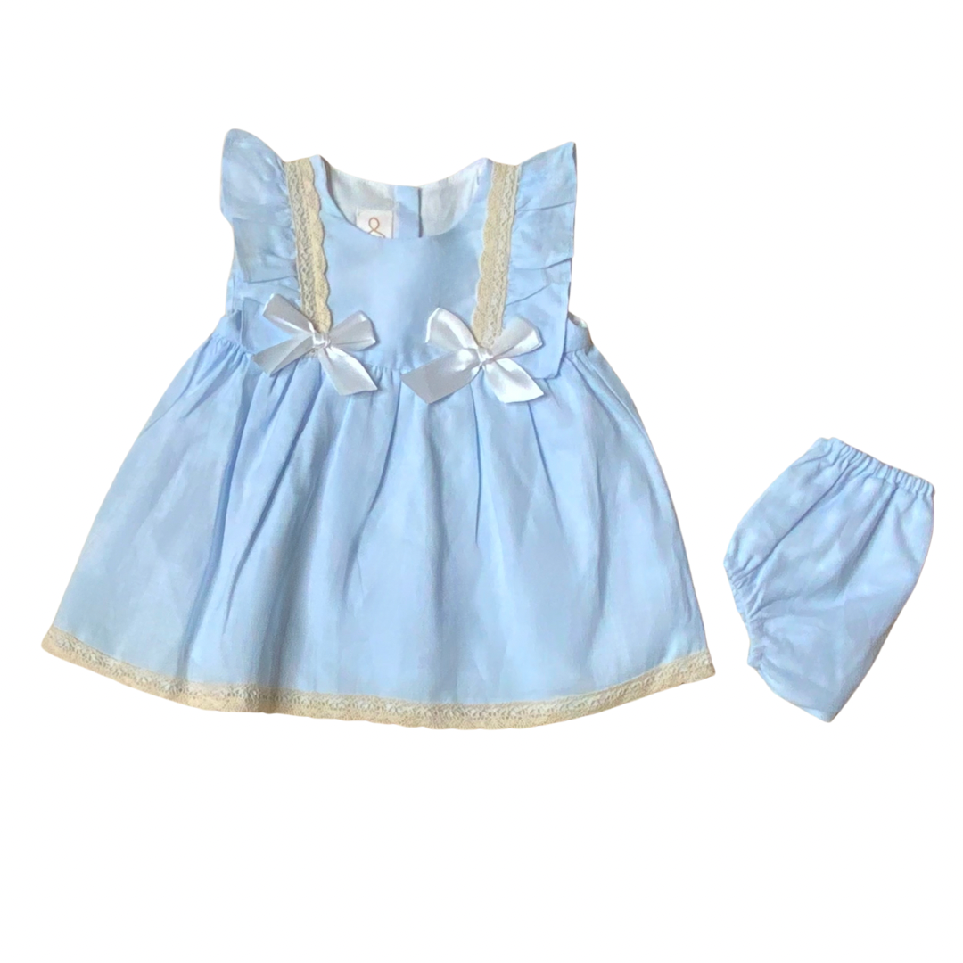 Sky blue linen empire waist dress and bloomers set for baby girls - Alfa Baby Boutique
