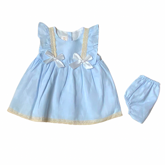 Sky blue linen empire waist dress and bloomers set for baby girls - Alfa Baby Boutique