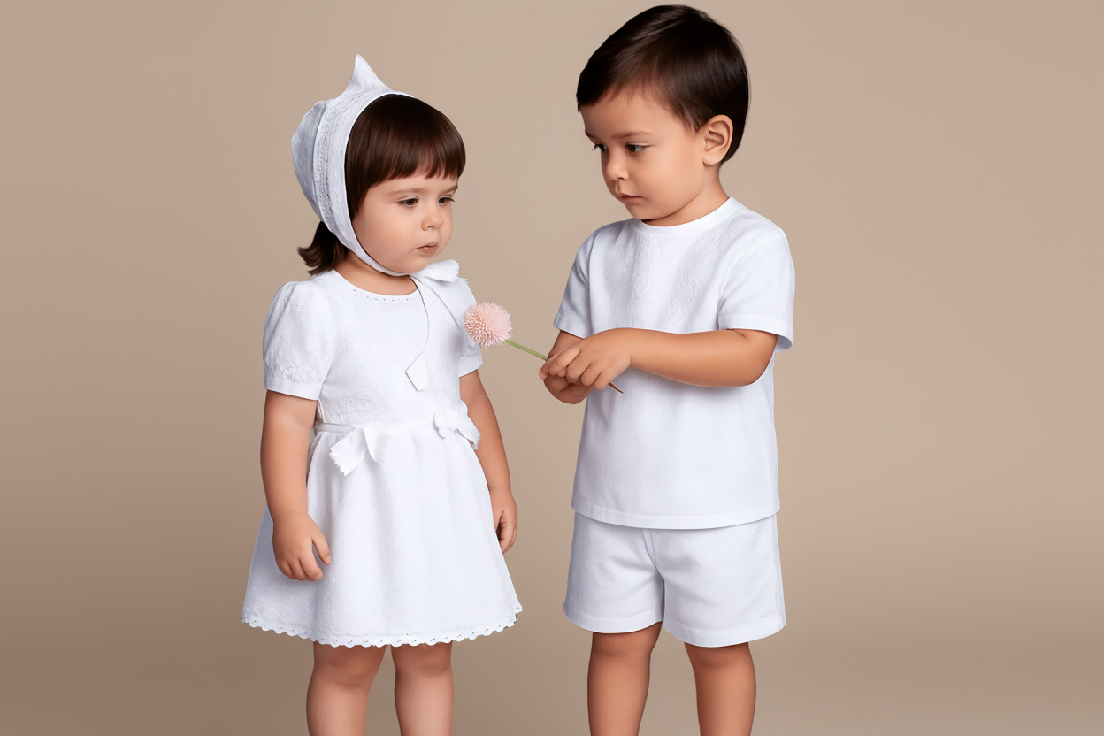 Two children in white outfits against a beige background. Heirloom children's clothing - Alfa Baby Boutique