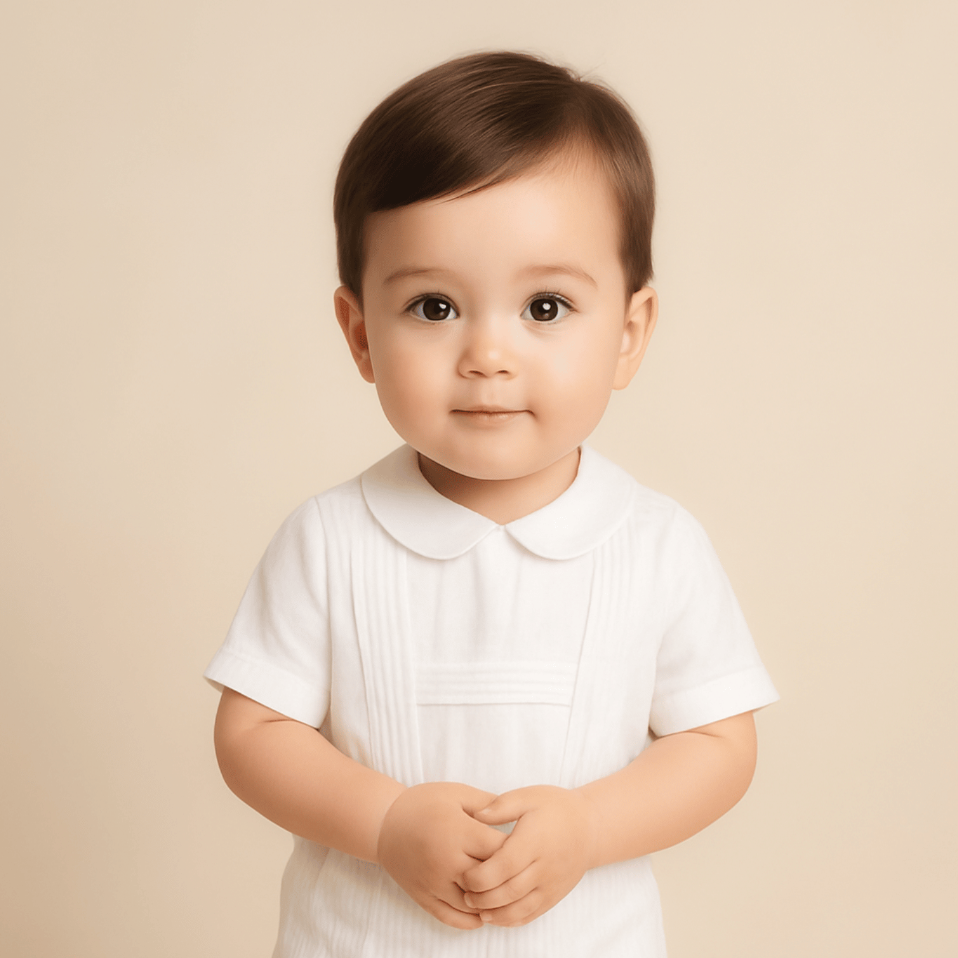 Child wearing suspender shorts and outfit with a Peter Pan collar shirt-Alfa Baby 