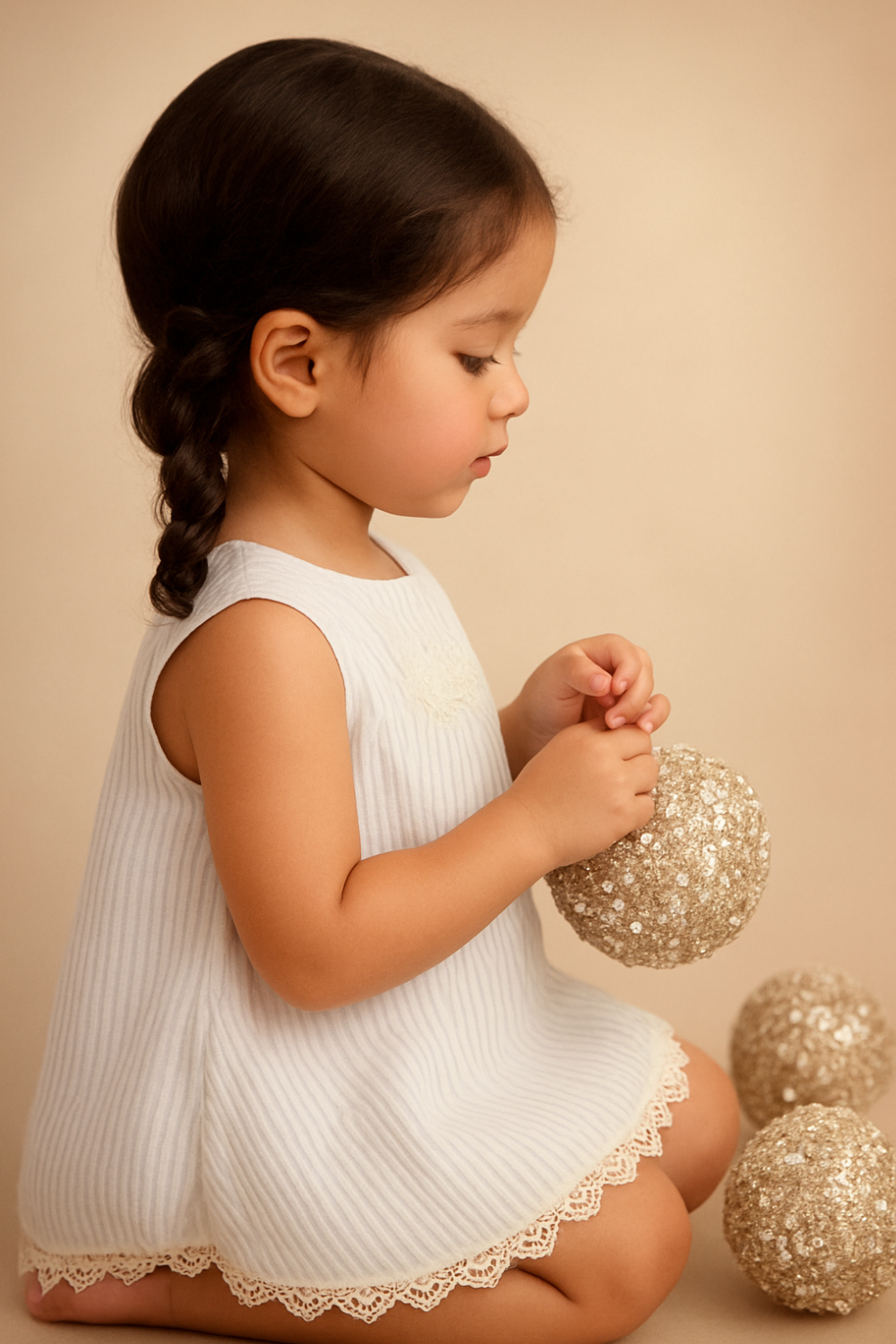 Little lady, wearing an adorable A-line dress with decorative lace trim.