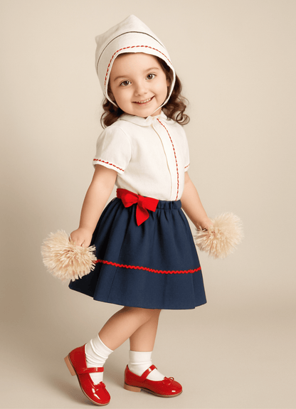 Toddler girl wearing The Liberty red white and blue plumeti blouse, navy skirt and bonnet with red Mary Jane shoes — Alfa Baby Boutique