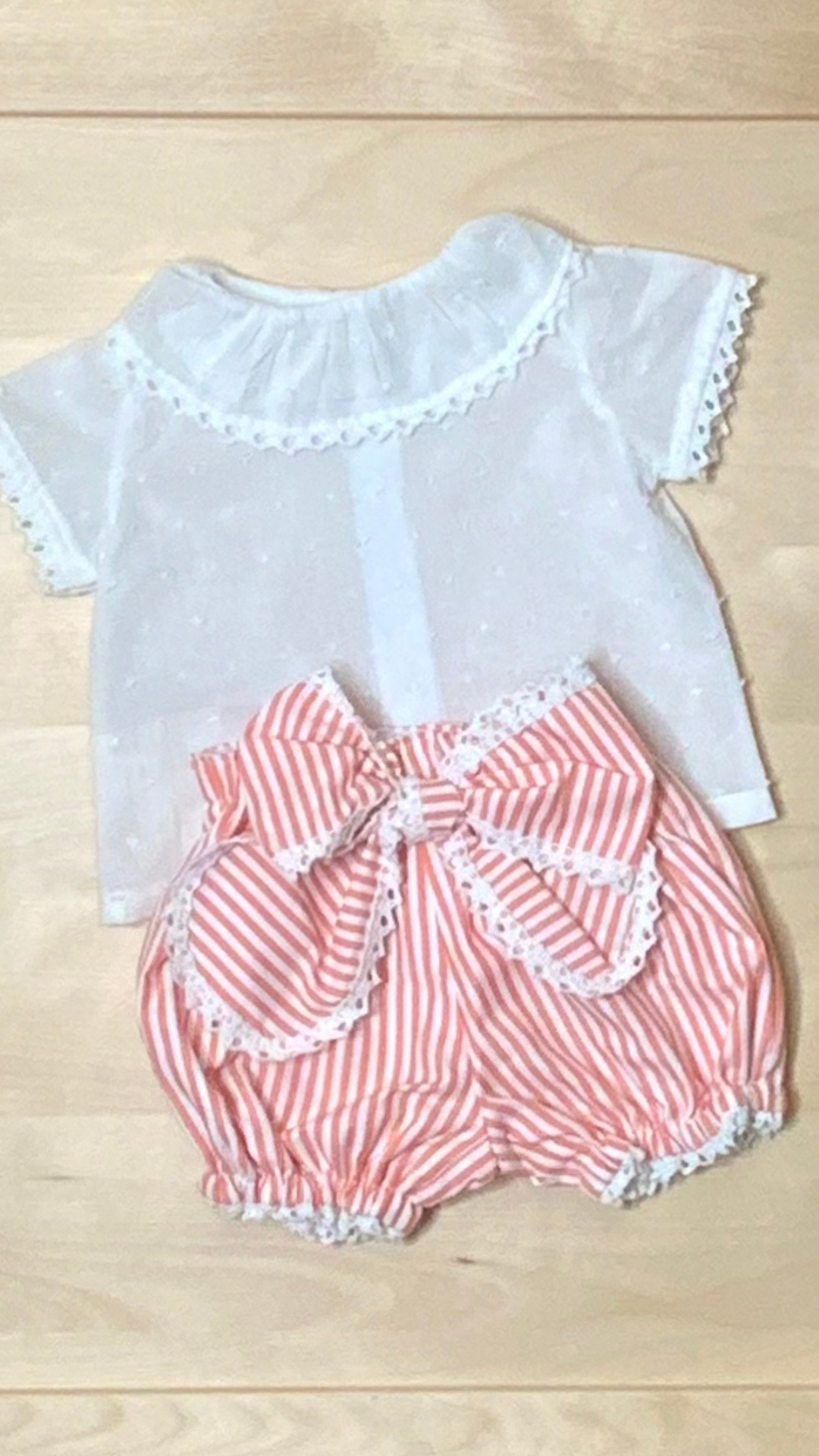 White Round Ruffled Collar Blouse and White-Coral Stripe Bubble Shorts-Toddler Girl Set