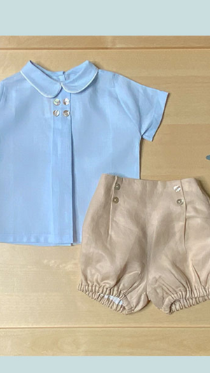 Boys-Sky Blue Shirt- Beige Bubble Shorts Set