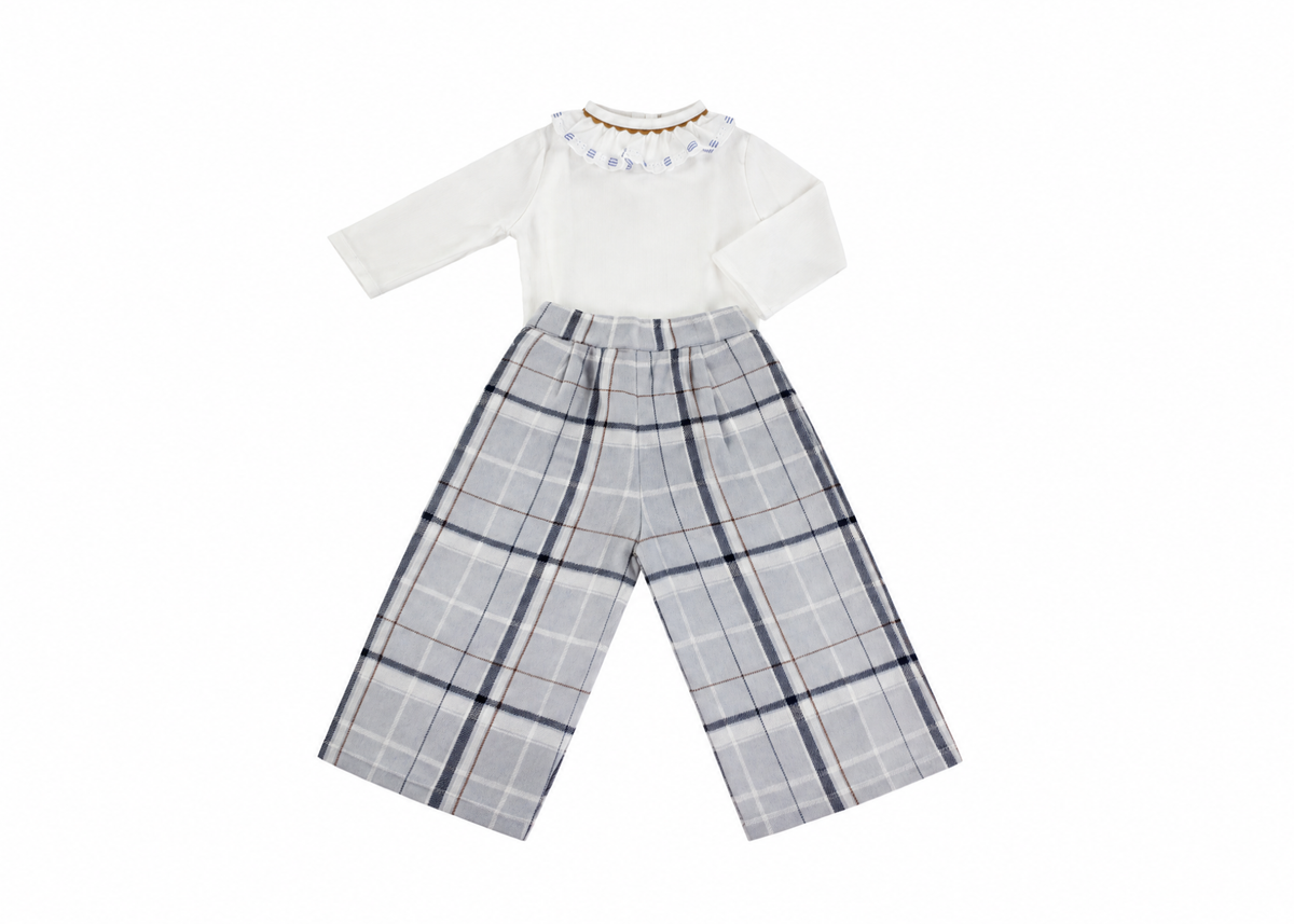 The Highland — White Pique Top & Gray Plaid Wool Trousers Set