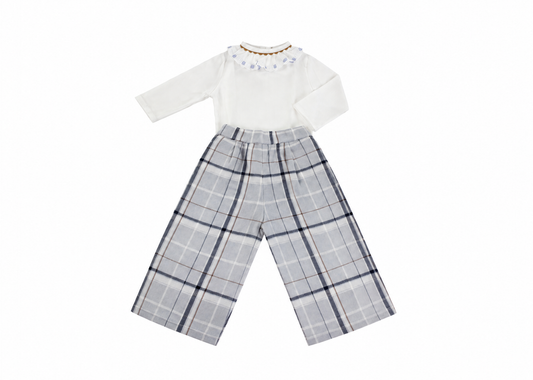 The Highland — White Pique Top & Gray Plaid Wool Trousers Set