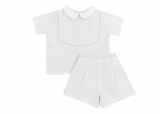 Boy White Embroidered Cotton Shirt & Shorts Set — The Laurent