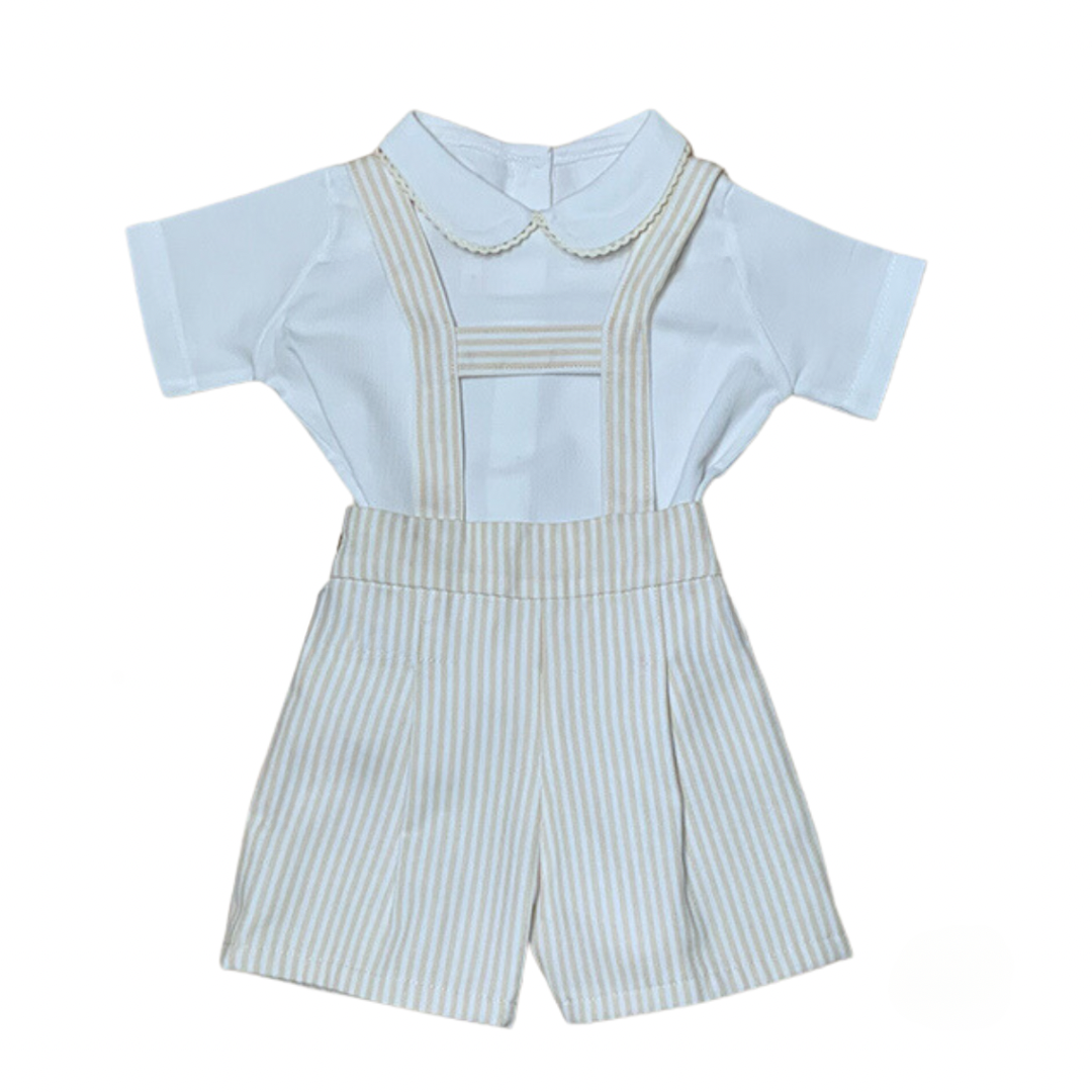 Baby boy white piqué top and ivory striped suspender shorts set — The Sweet Vanilla by Alfa Baby Boutique"