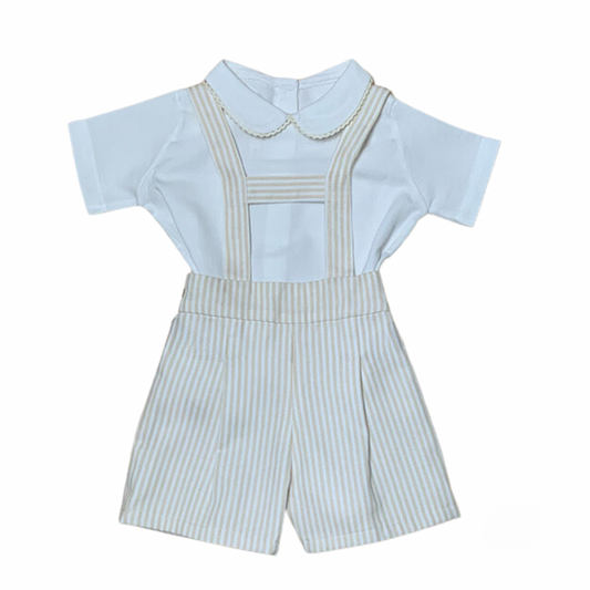 Baby boy white piqué top and ivory striped suspender shorts set — The Sweet Vanilla by Alfa Baby Boutique"