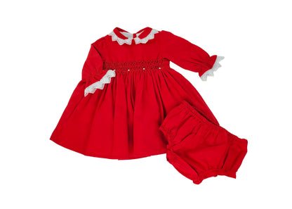 Red smocked baby dress detail view - Alfa Baby Boutique