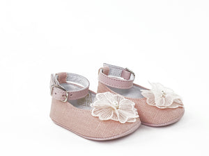 Open image in slideshow, Baby Girl Pink Linen Ankle Strap Pre-walkers Shoes-Girl&#39;s Shoes- Store Girls Shoes- Alfa Baby Boutique 1 Pink Female-Right Side View
