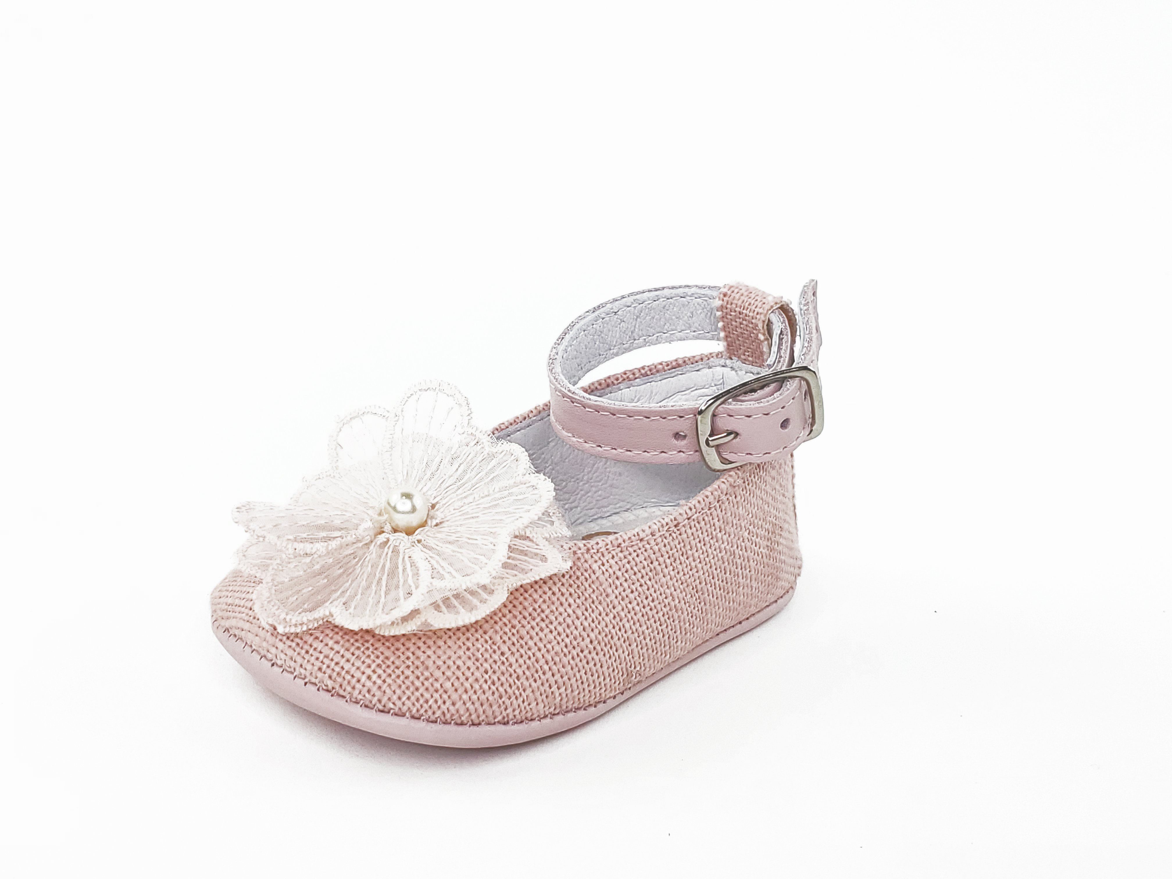 Baby Girl Pink Linen Ankle Strap Pre-walkers Shoes-Girl's Shoes-Girl's Shoes Store Girls Shoes Alfa Baby Boutique-Left Side View Single