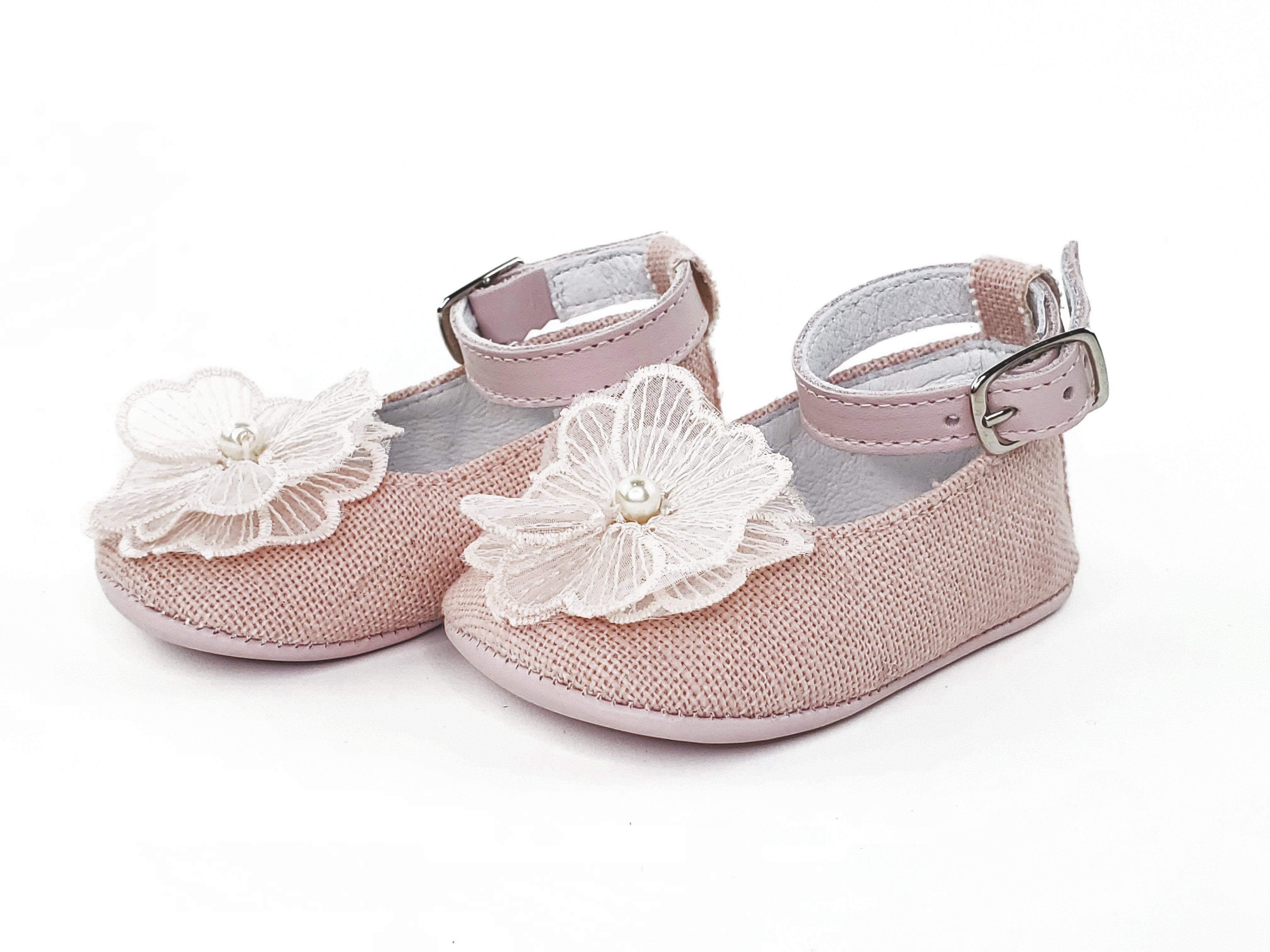 Baby Girl Pink Linen Ankle Strap Pre-walkers Shoes-Girl's Shoes-Girl's Shoes Store Girls Shoes Alfa Baby Boutique-Left Side View