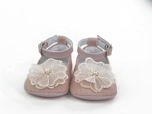 Baby Girl Pink Linen Ankle Strap Pre-walkers Shoes-Girl's Shoes-Girl's Shoes Store Girls Shoes Alfa Baby Boutique-Front Side View