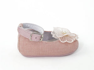 Baby Girl Pink Linen Ankle Strap Pre-walkers Shoes-Girl's Shoes-Girl's Shoes Store Girls Shoes Alfa Baby Boutique-Right Side View Single