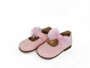 Baby Girl Pink Patent Tule Bow Scalloped Mary Janes Shoes-Girl's Shoes-Girl's Shoes Store Girls Shoes Alfa Baby Boutique -Left Side View