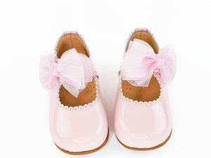 Baby Girl Pink Patent Tule Bow Scalloped Mary Janes Shoes-Girl's Shoes-Girl's Shoes Store Girls Shoes Alfa Baby Boutique -Front View