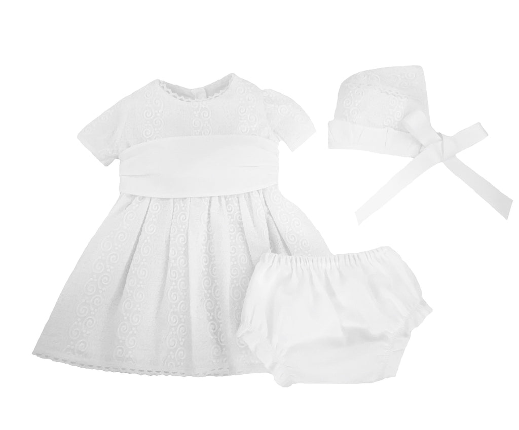 Embroidered White Cotton Puffed Sleeves Infant Girl's Dress, Bonnet, Bloomers Set Dress, Bloomers & Bonnet Alfa Baby Boutique 0-3 White Female