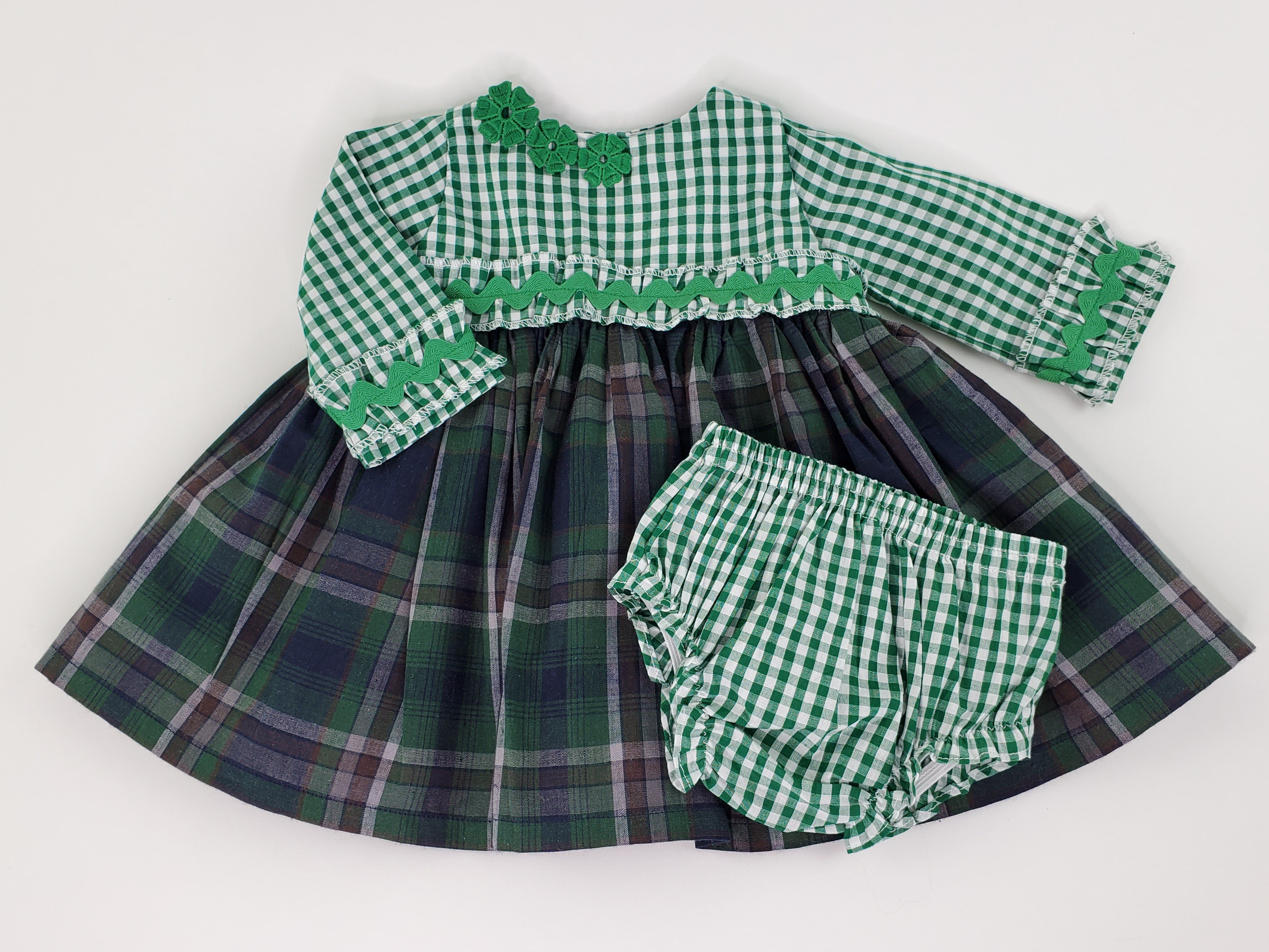 Empire Waist Long Sleeve Check and Plaid Girl's Dress & Bloomers Set-Children's Clothing Store Dress & Bloomers Set Alfa Baby Boutique 0-3 Green Female