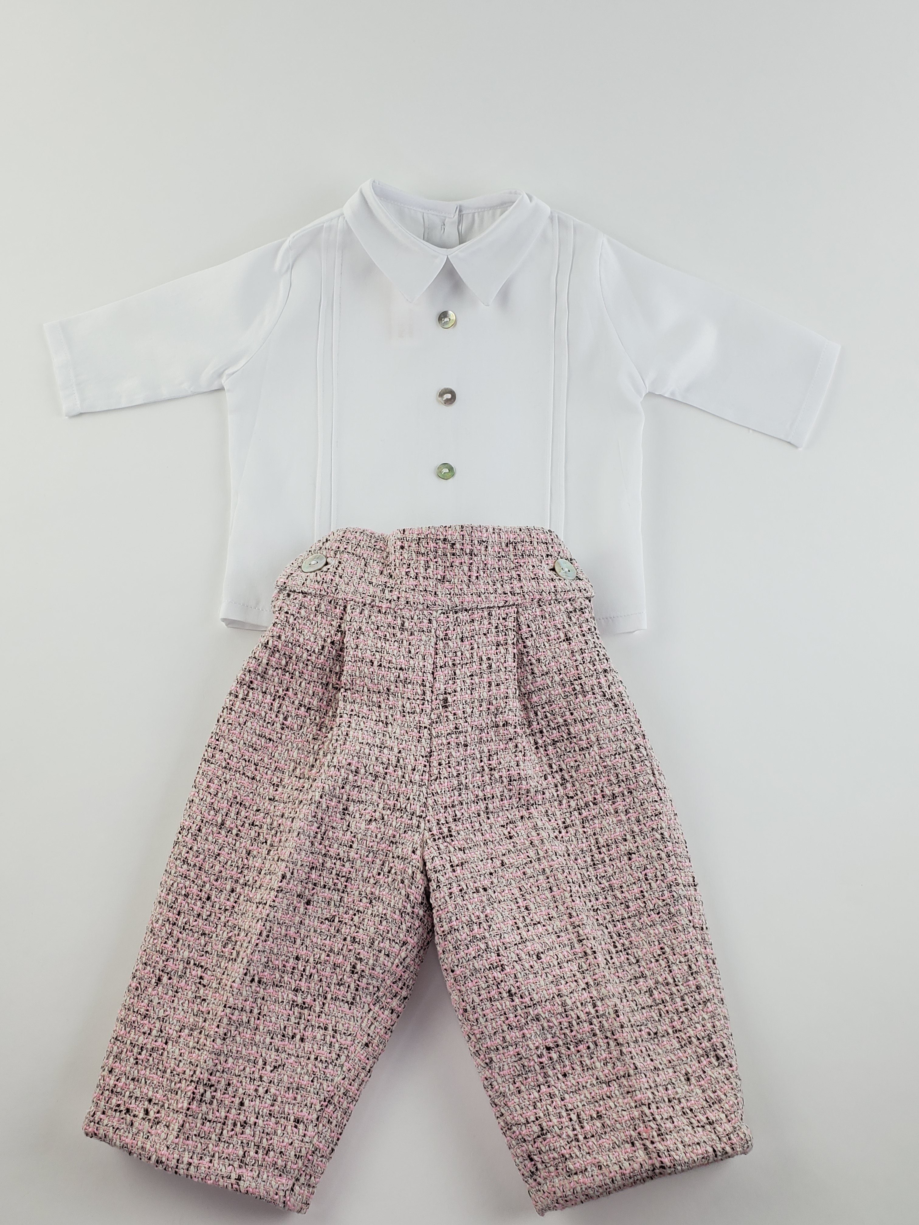 Long Sleeve White Cotton Shirt & Pink Tweed Wool Trousers Set-Boy's Clothing-Boy's Clothing Store Shirt & Pants Set Alfa Baby Boutique 0-3 Pink Male