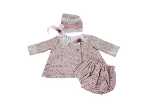 Ouvrir l&#39;image dans le diaporama, Pink Long Sleeve A Line Tweed Wool Dress, Bloomers &amp; Bonnet Set Dress, Bloomers &amp; Bonnet Alfa Baby Boutique 
