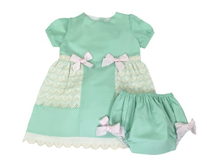 Open image in slideshow, Puff Sleeve Mint Dress &amp; Bloomers Set Dress &amp; Bloomers Set Alfa Baby Boutique 18 Green Female
