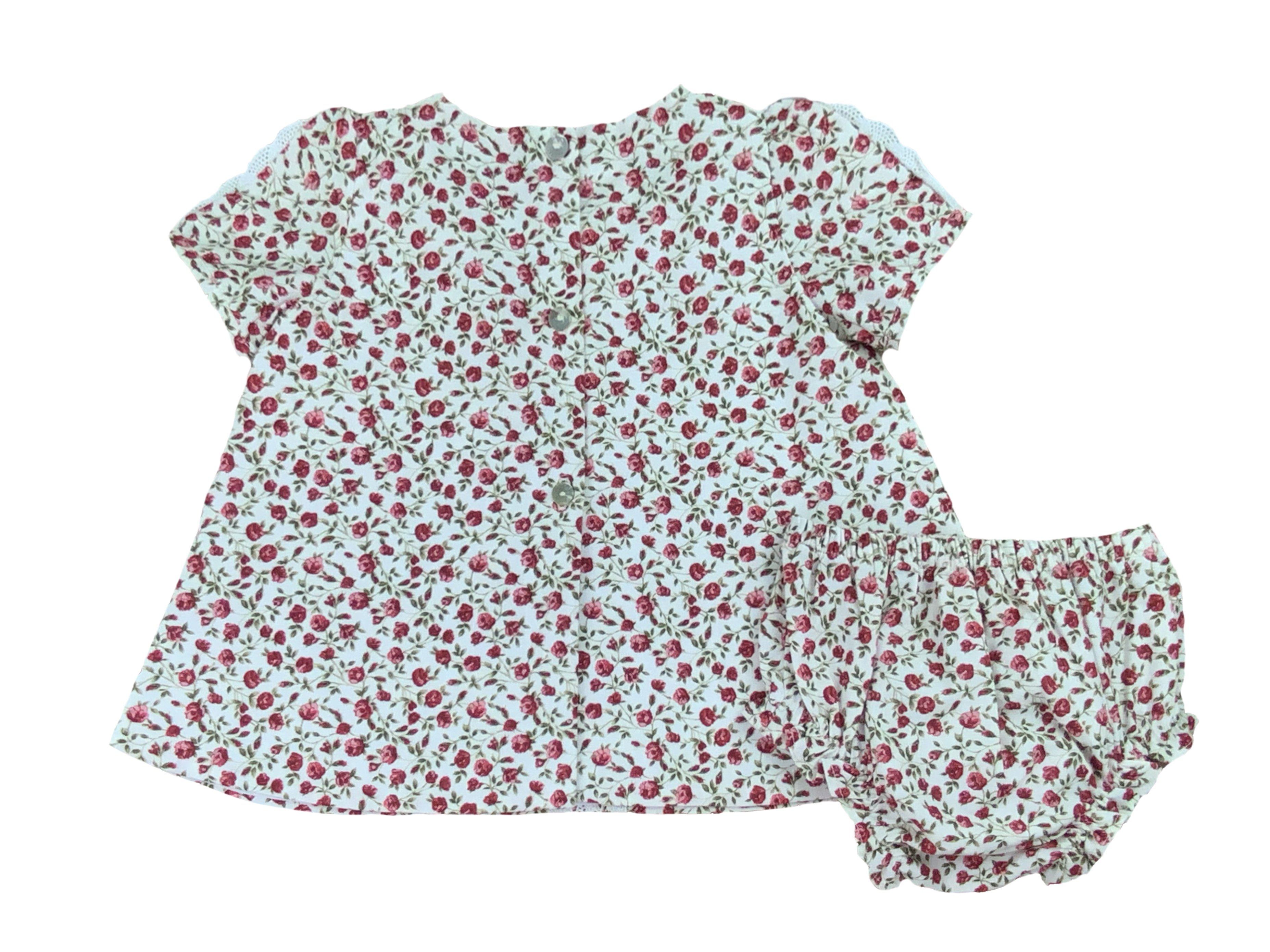 Red Floral Spanish Cotton Puffed Sleeves Dress and Bloomers Set Dress, Bloomers & Bonnet Alfa Baby Boutique 