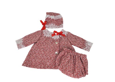 Red Long Sleeve A Line Tweed Wool Dress, Bloomers & Bonnet Set Dress, Bloomers & Bonnet Alfa Baby Boutique 